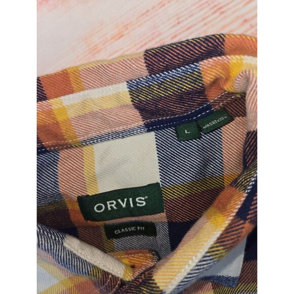 Orvis Mens Classic Fit Plaid Flannel Shirt Large Orange/Blue - Picture 5 of 7